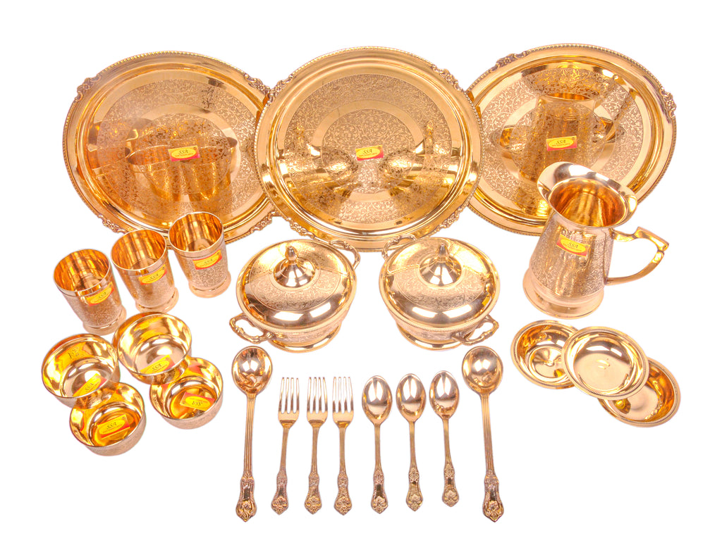 Brass 51 Pieces - Full Family Complete Dinner Set - (Engraved, Gold) – SHIV  SHAKTI ARTS