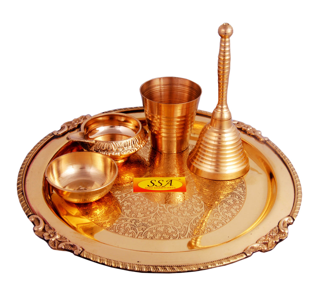 GOLDGIFTIDEAS 10 Inch Brass Premium Laxmi Ganesh Pooja Aarti Thali Set for  Gift, Pooja Article for Gift, Brass Pooja Plate for Diwali Puja