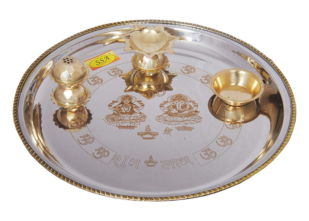 Brass Puja Thali Set, ( 7-Pieces ) Religious Spiritual Item, Home Temple,  10.24 Inch