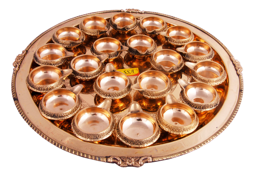 Diwali Navratra Spacial Brass Pooja Thali Set (7 Pcs = 1 Karvi Pooja Plate,  1 Ghanti,Kuber Diya,1 Jal Patra,1 Agardaan,2 Roli Chawal Katori