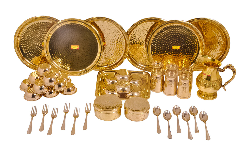100% Pure Brass Dinner Set 58 Piece, Square Plate Engraved Designed
