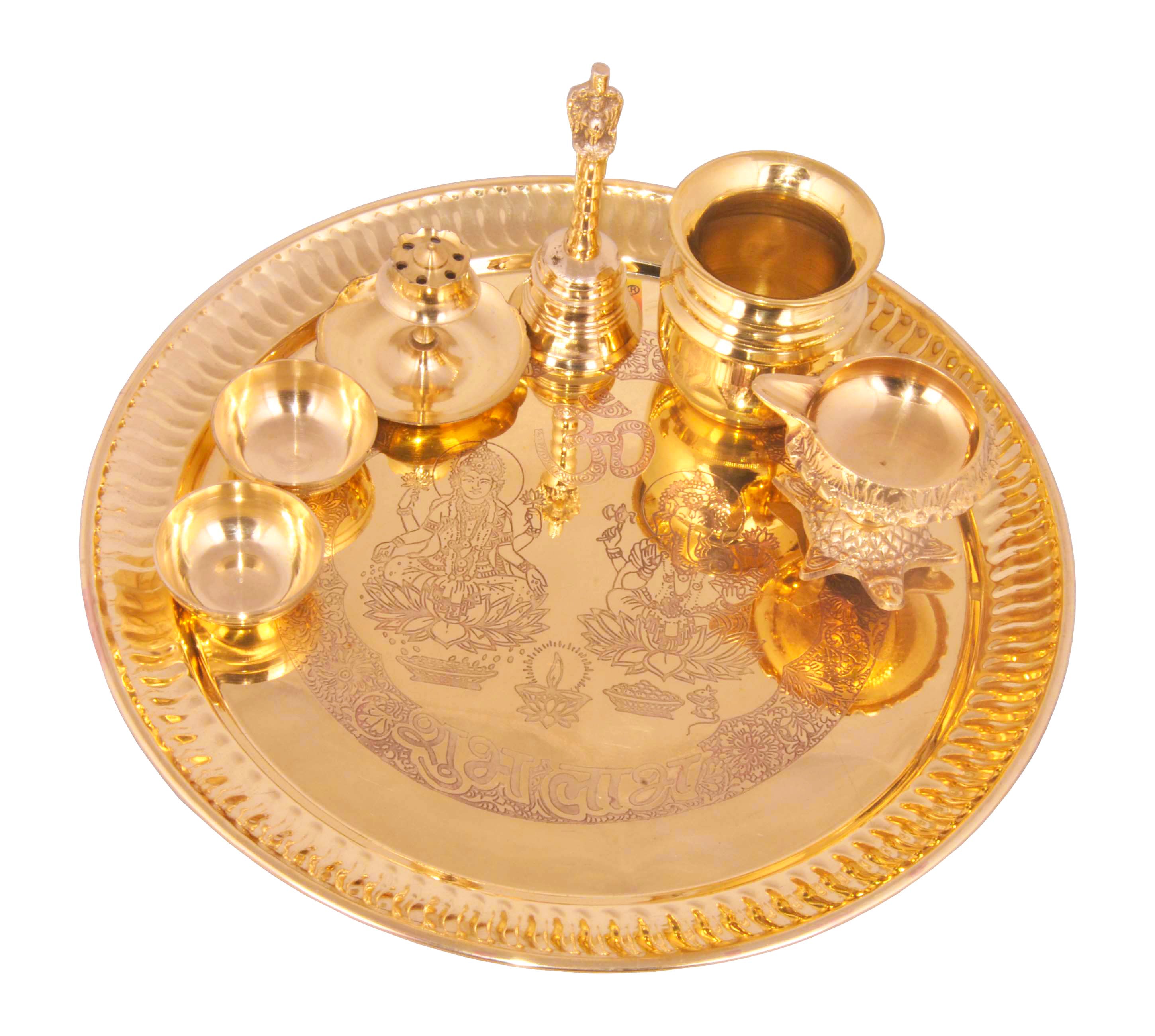 Brass Pooja Thali Set Of 7 Pcs Yellow 1 Laxmi Ganesh Pooja Plate 1 Shiv Shakti Arts