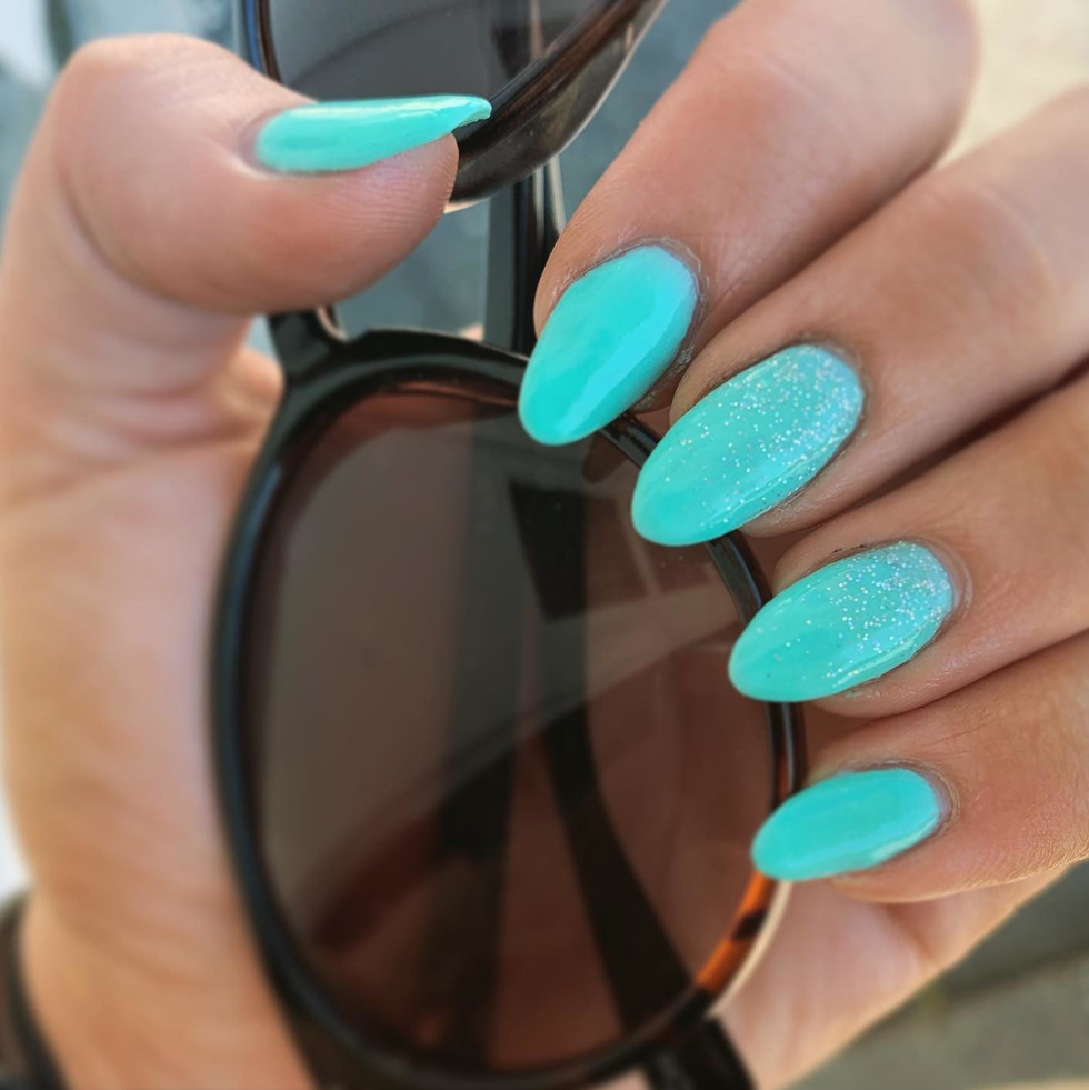 Image of manicure with D411 Namaste, Bright Teal Blue Dip Powder- Revel Nail