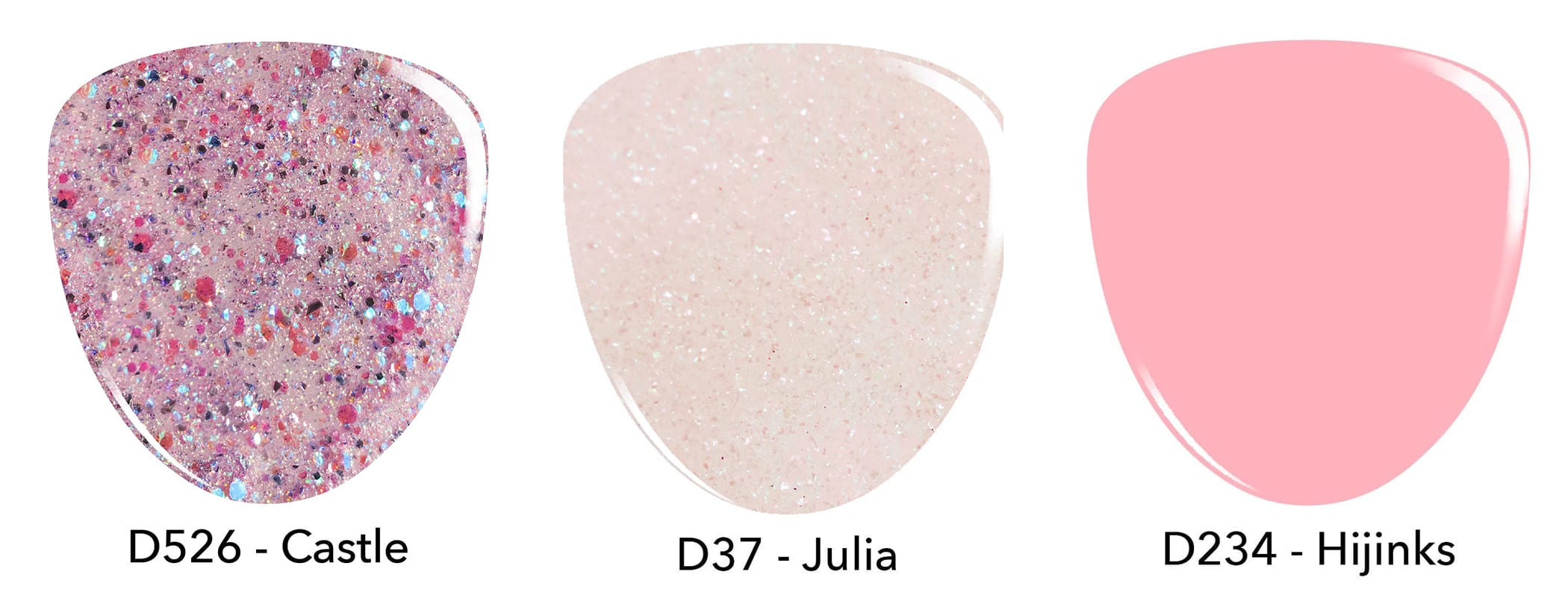 Swatches of purple pink glitter dip powder, sheer pink dip powder and baby pink dip powder.