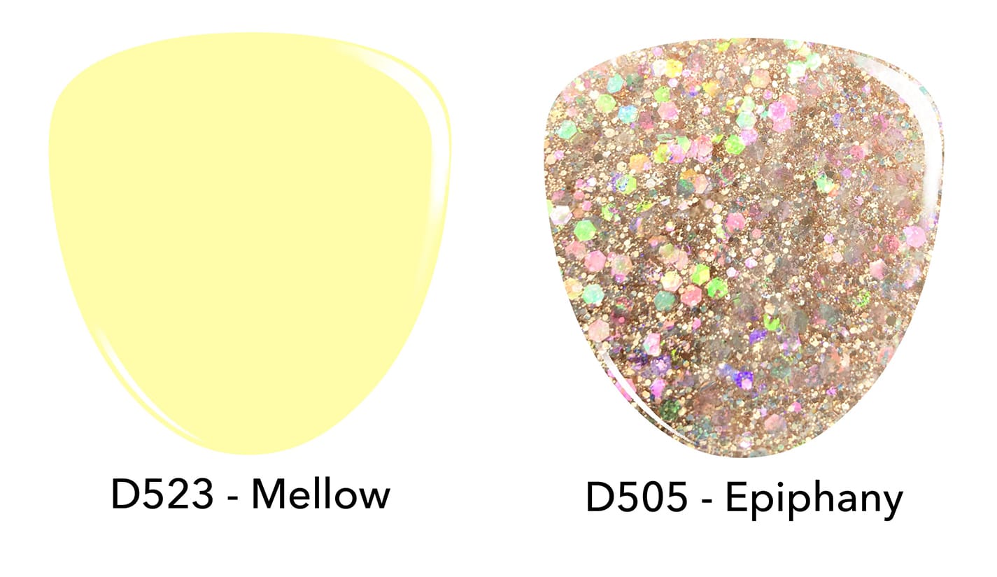 Pastel yellow dip powder D523 Mellow. Chunky gold glitter dip powder D505 Epiphany