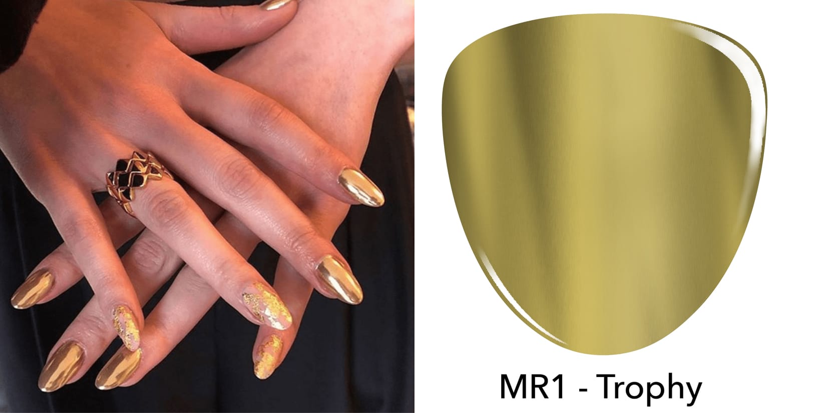 Photo of Hailee Steinfeld nails, gold chrome dip powder nails, revel nail dip powder