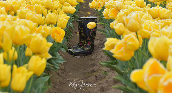 Photo of yellow tulips & boots Kelly Johnson author & photographer of Gratitude