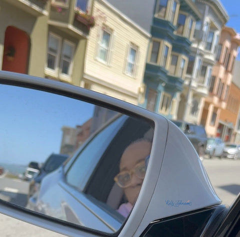 Kelly Johnson photographer's reflection in a side car view mirror. Telegraph Hill, San Francisco, CA.