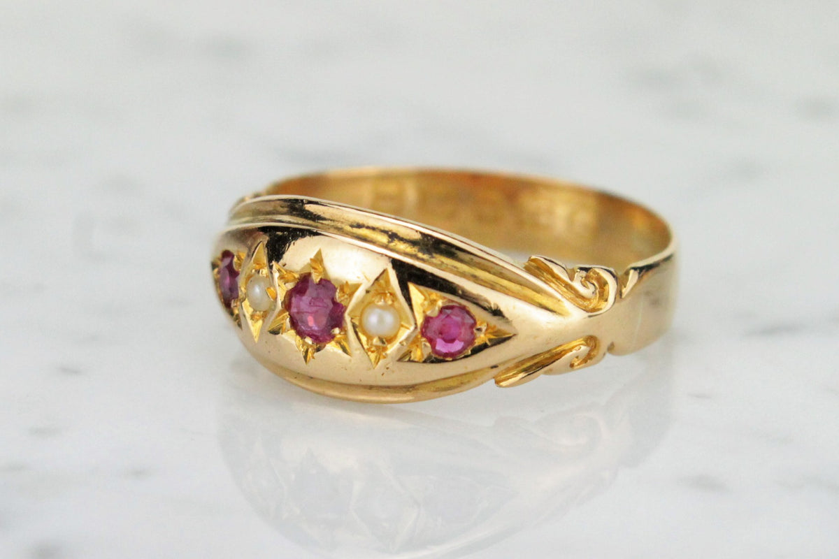 ANTIQUE VICTORIAN c1878 RUBY & SEED PEARL RING ON 22ct YELLOW GOLD ...