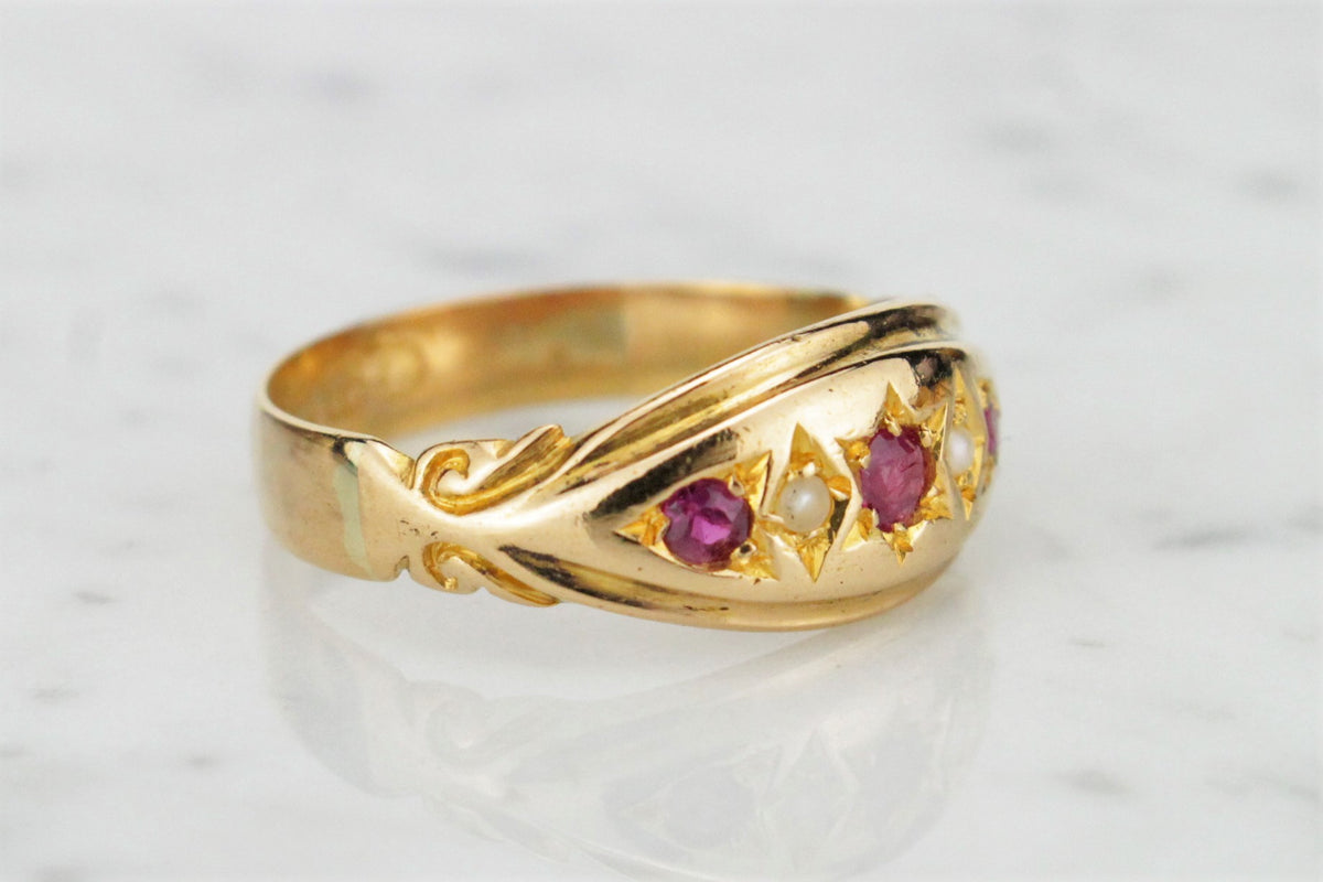 ANTIQUE VICTORIAN c1878 RUBY & SEED PEARL RING ON 22ct YELLOW GOLD ...
