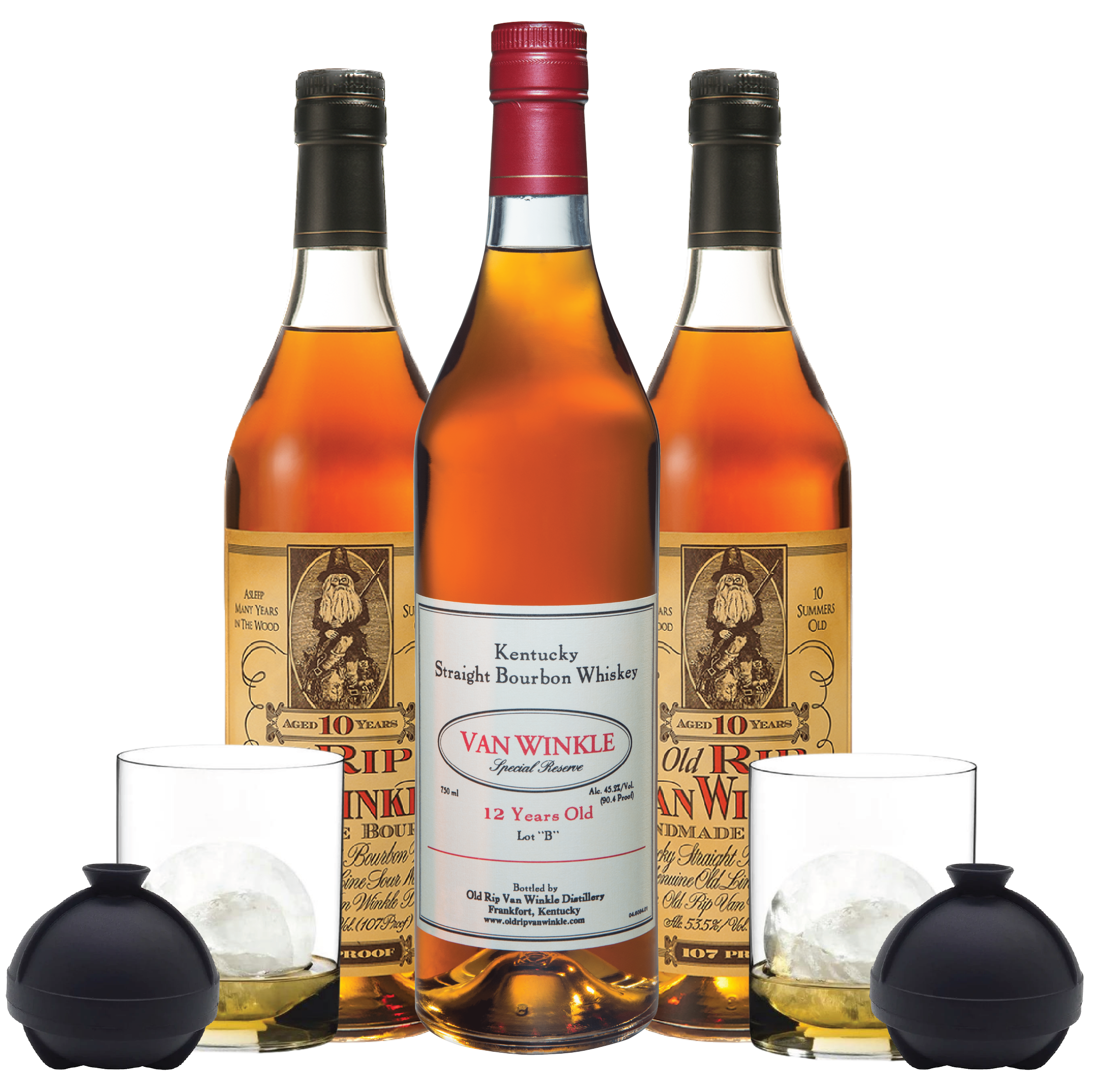 Two Pappy Van Winkle’s 10, one 12 Year Old Package, two whiskey tumblers, and two ice molds