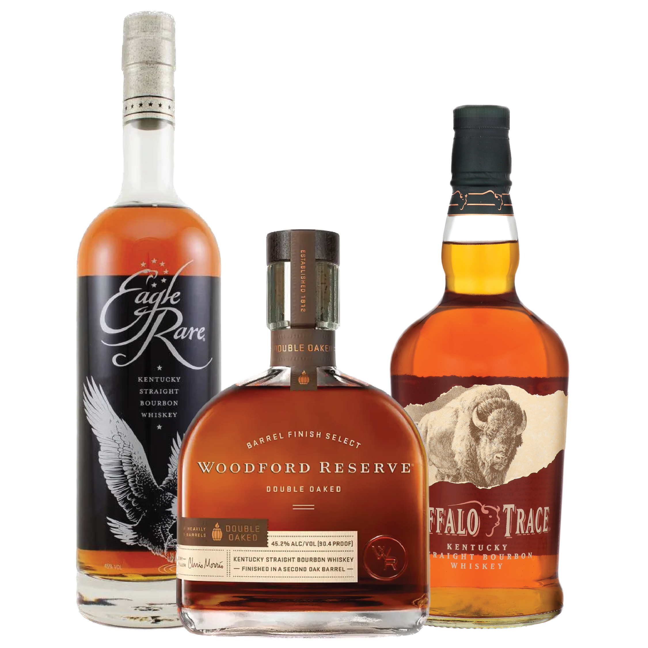 Woodford Reserve Double Oaked Bourbon, Eagle Rare Bourbon, Buffalo Trace