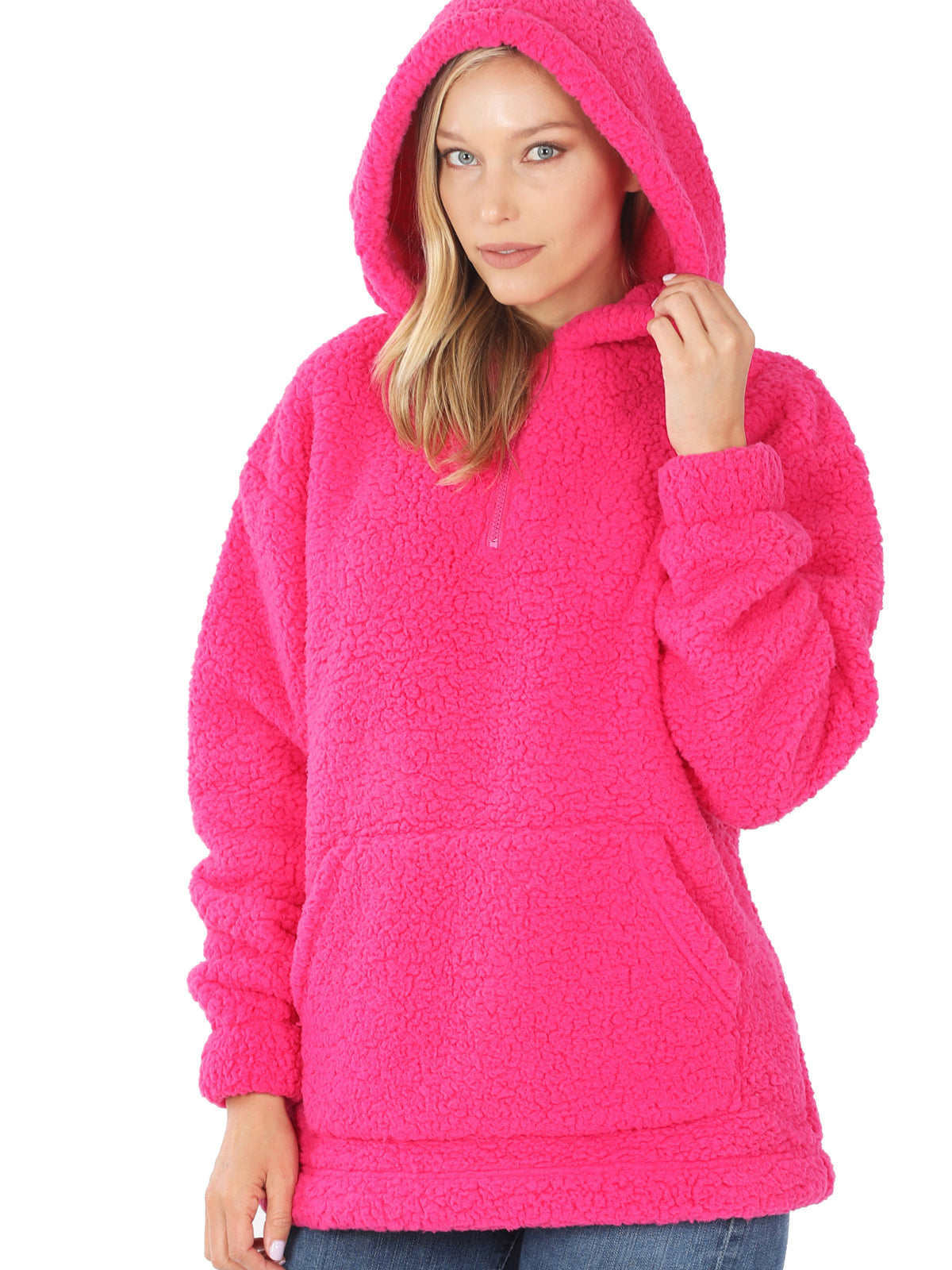 XFLWAM Womens Full Zip Up Drawstring Sherpa Hoodie Fuzzy Fleece Jacket  Oversized Fluffy Coat with Pockets Pink XL 