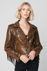 Lyssé Liana Faux Shearling Collar Faux Snakeskin Moto Jacket in Brown