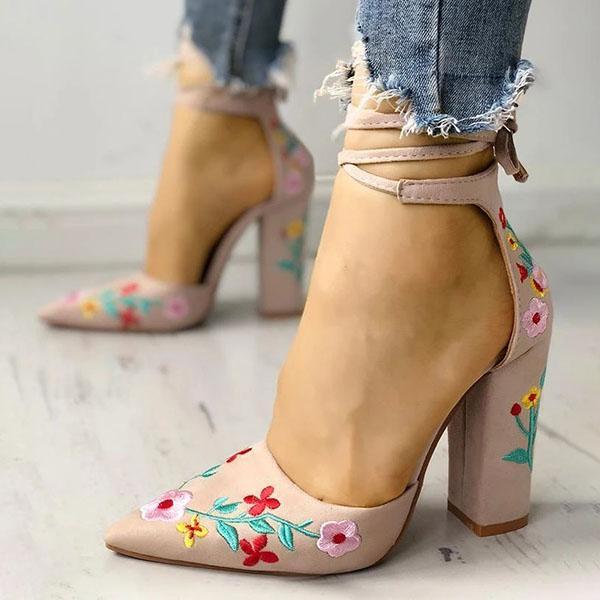 floral embroidered chunky heels