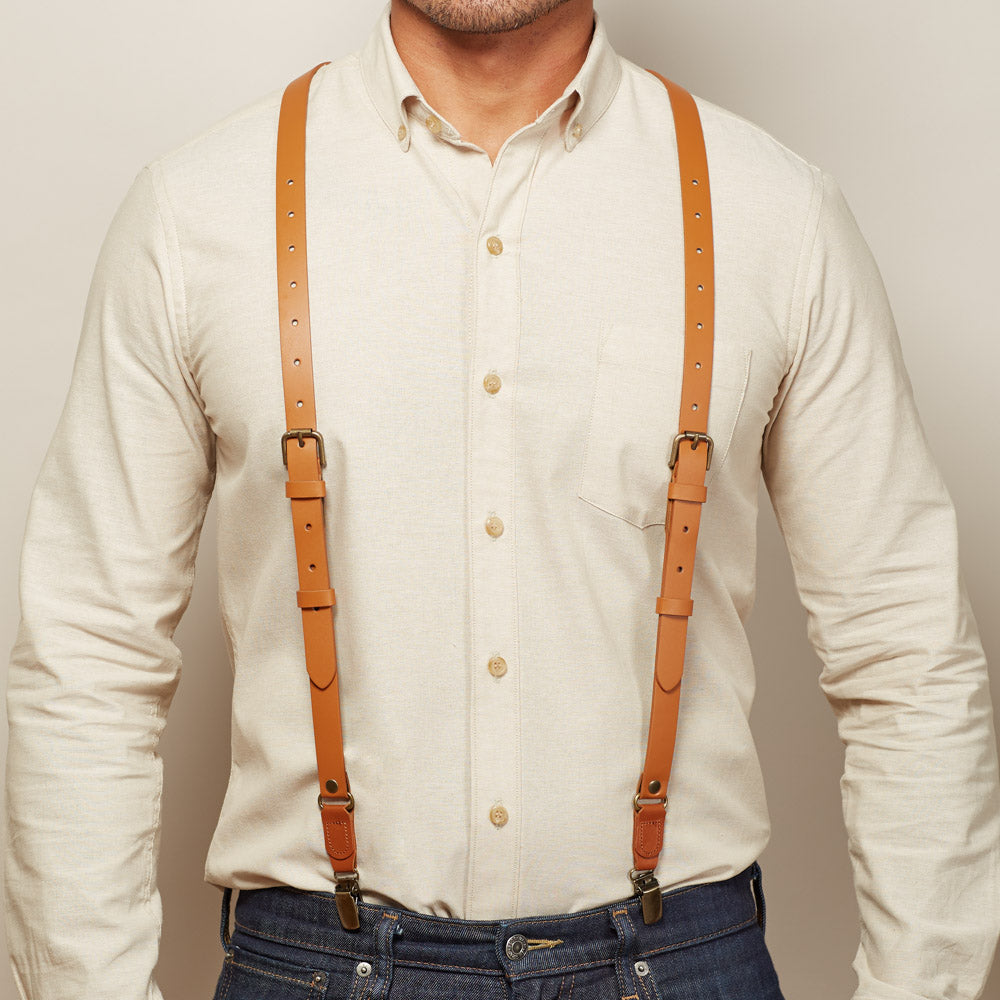 Natural Tan Leather Buckle Skinny Suspenders – Blade + Blue