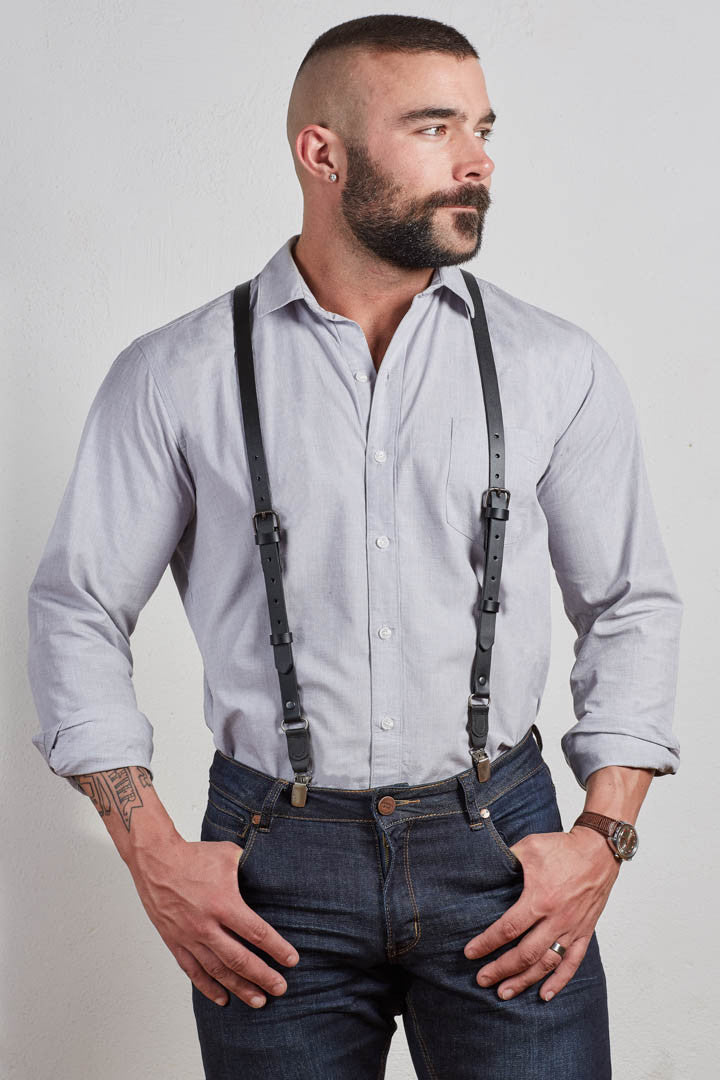 black dress shirt white suspenders