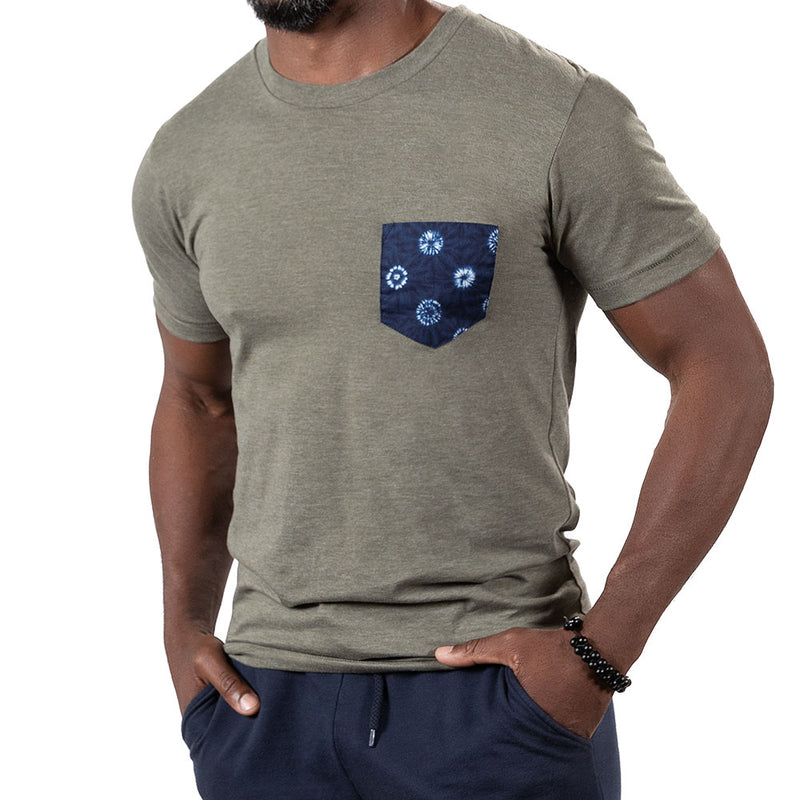 Olive Green Heather with Blue Japanese Shibori Print Pocket Tee - Made In USA