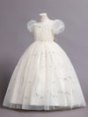 Elegant Flower Girl Polka Dot Sequined Puff Sleeves Pleated Mesh Princess Dress