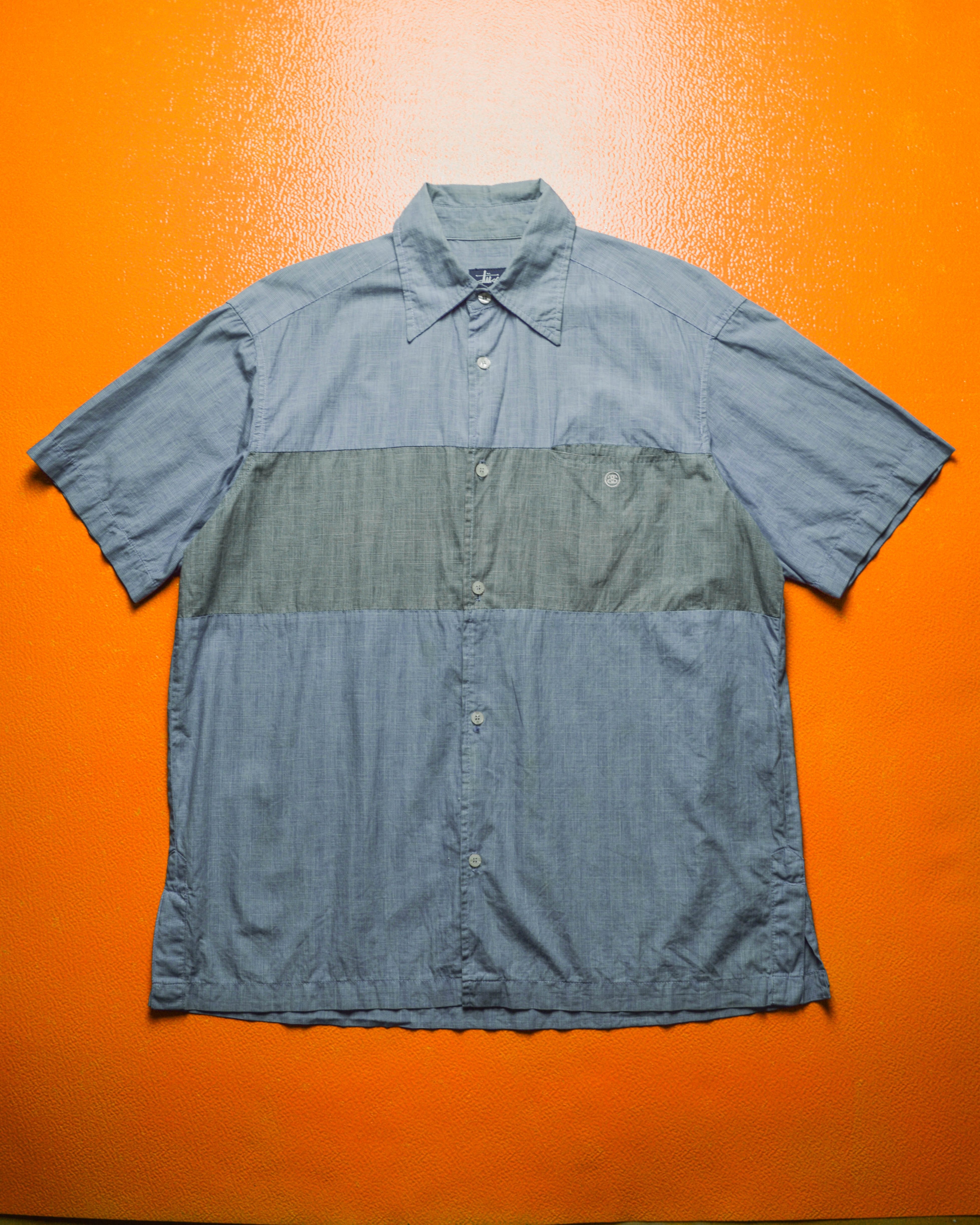 Image of Blue Grey Check Two Tone Panelled Short Sleeve Shirt (~L~)