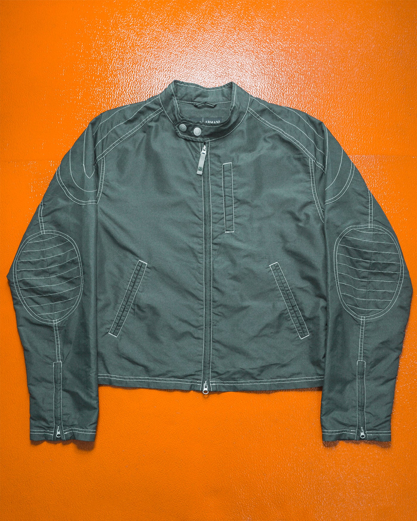 Image of Contrast Stitch Muted Green Grey Nylon Moto Jacket (~M~)