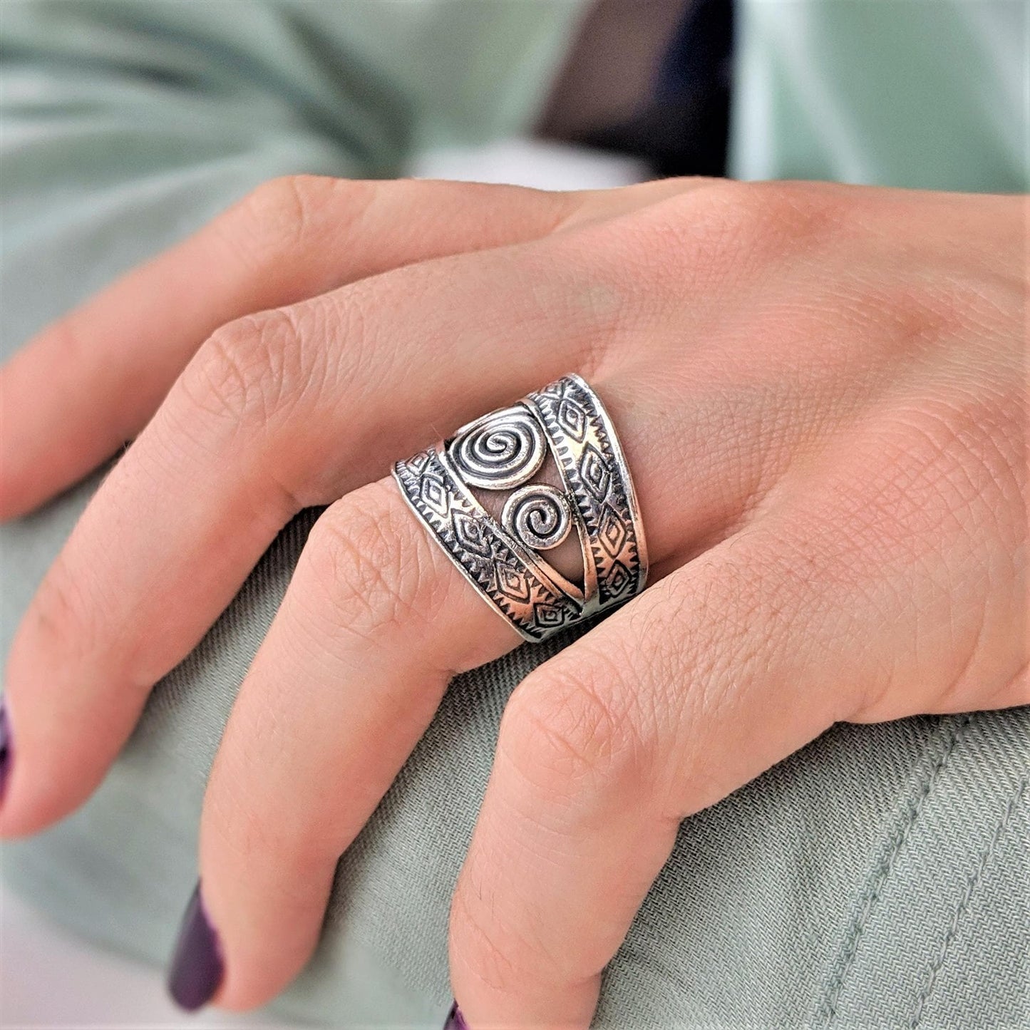 Pure Silver Karen Hill Tribe Wide Engraved Spiral Adjustable Ring