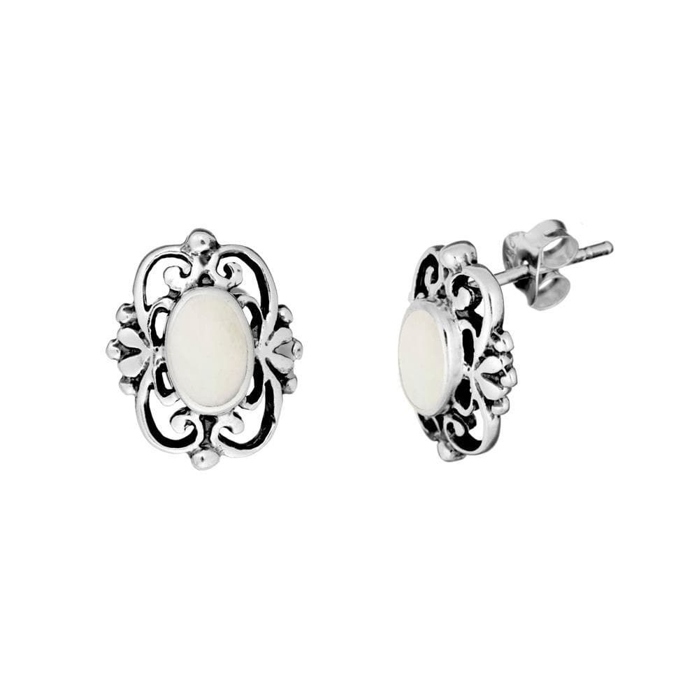 Sterling Silver Mother of Pearl Studs Small Filigree Flower Stud