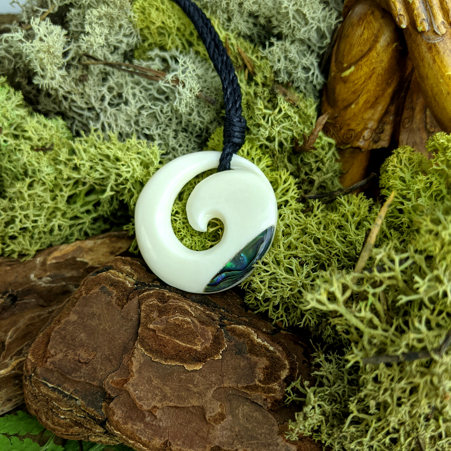 Hand Carved Bone Fish Hook and Abalone Shell Pendant Cord Necklace