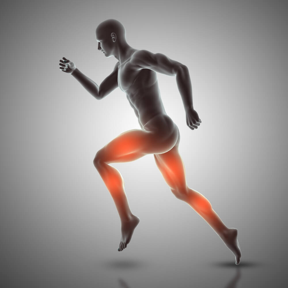 render male figure running pose showing muscles temperature in red