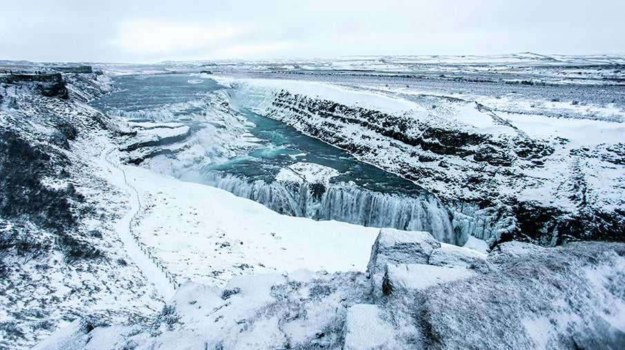 Aerial View of snoe covered Gulfoss, Iceland