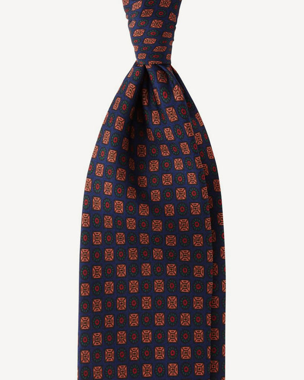 Diamond Floral Handprinted Ancient Madder SILK TIE – Navy Mix