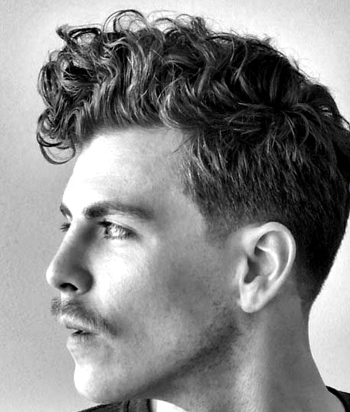 classic curly quiff with mustache haircut