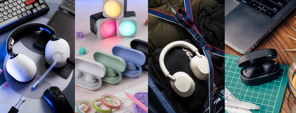Collage of inzone headphones, C700N headphones, wh-1000xm5 headphones, wf-1000xm4 headphones