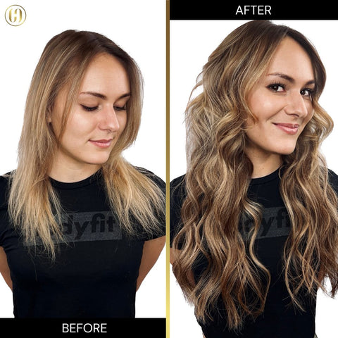 Before and after transformation of a client showcasing the premium quality and natural look of Clutch Hair Culture’s weft hair extensions in Kansas City.