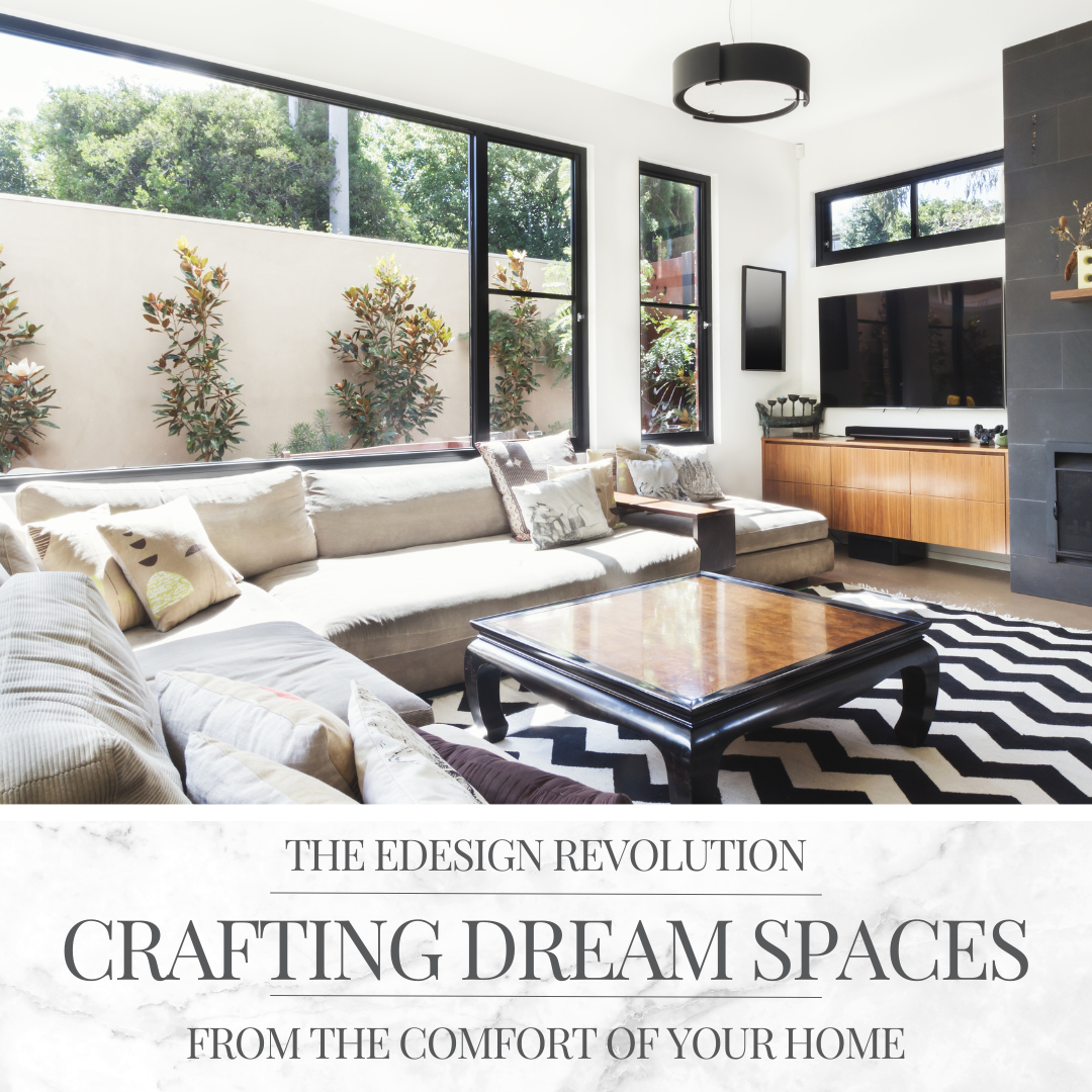 An illustration showcasing the eDesign revolution, featuring a cozy home interior with digital design tools overlaid, symbolizing crafting dream spaces from home