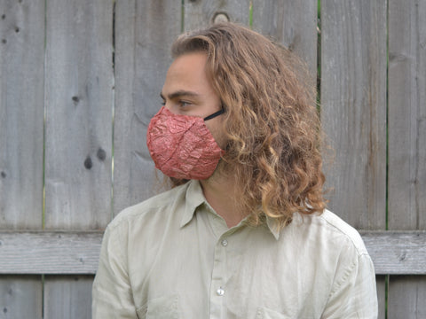 red wild silk face mask on model