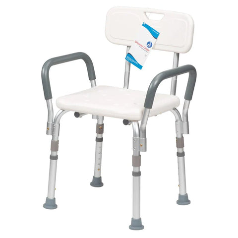 Dynarex shower chair with removable back and arms and specialty collars on legs.