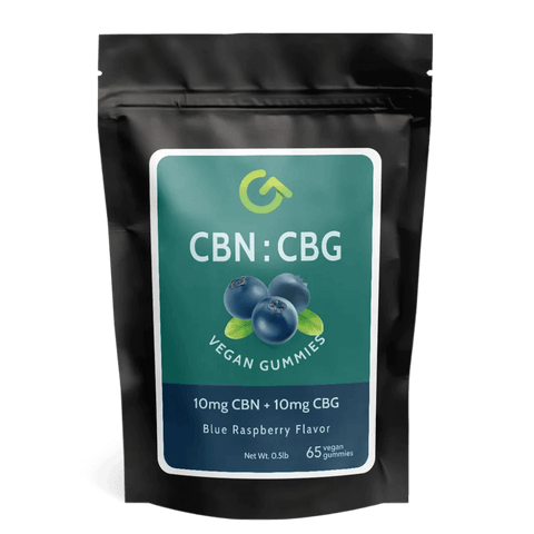 Photo of CBG and CBN infused vegan gummies in a package, emphasizing their all-natural, plant-based ingredients.