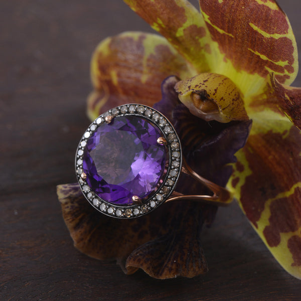 Amethyst and Champagne Diamond Ring in 14K Rose Gold