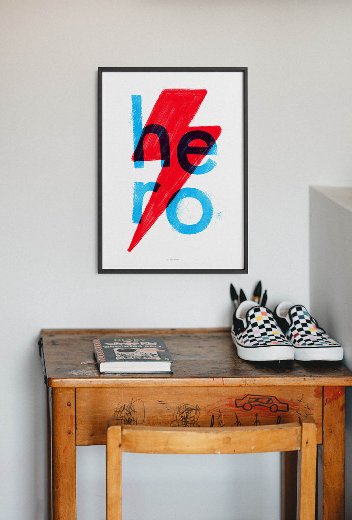 Hero print typography wall art hanging in modern teen bedroom