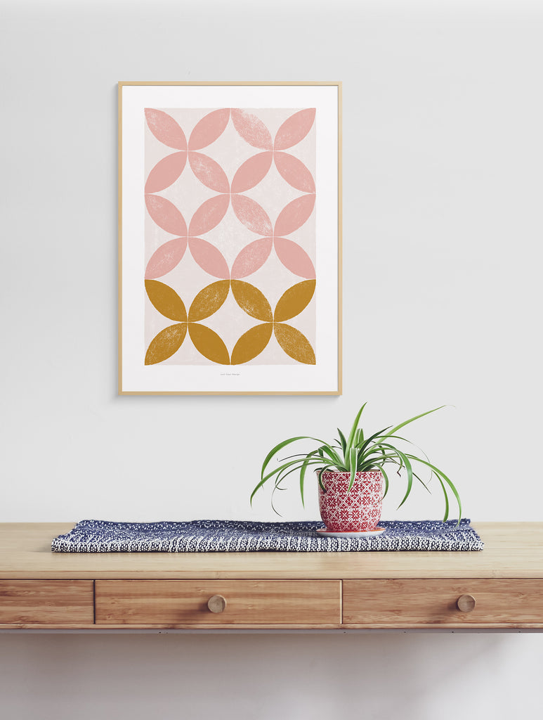 Pink floral geometric wall art, abstract living room prints
