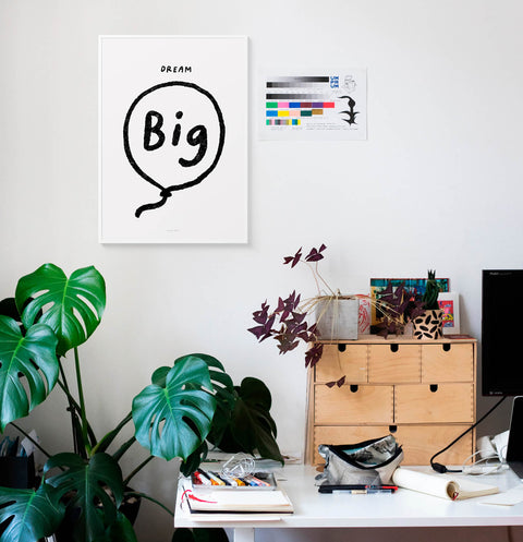 Dream big wall art, Inspirational wall quote for office wall. Black and white quote poster featuring a simple illustration of a big balloon flying to the sky and the hand lettered words "Dream big".