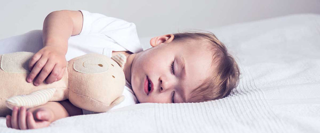 Kleinkind schläft ruhig mit Kuscheltier im Bett