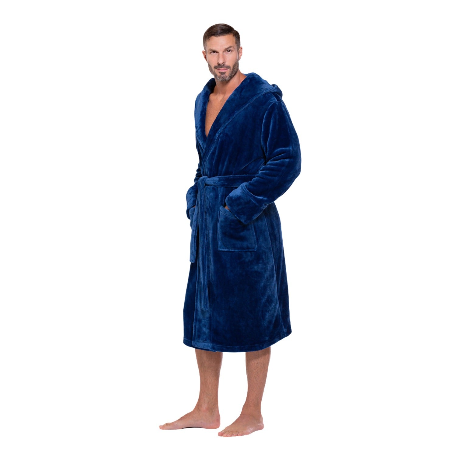 Wrapped In A Cloud Hooded Plush Bathrobe for Men - Navy Blue / Small/Medium