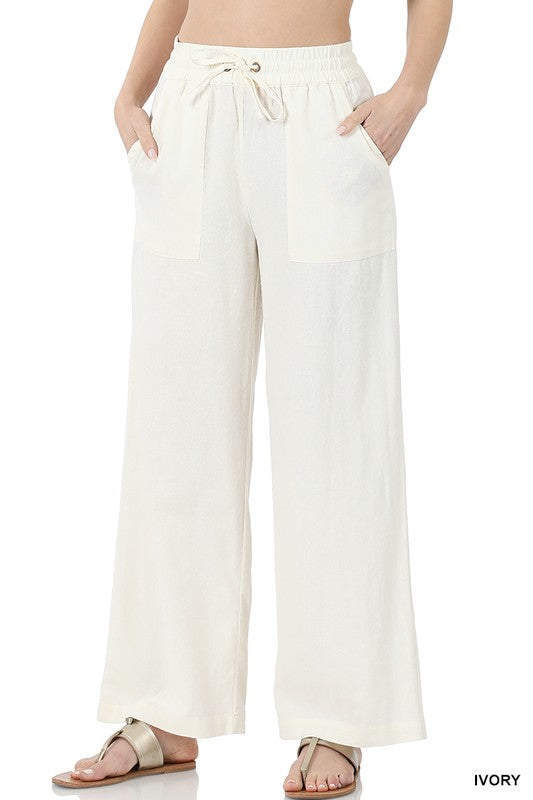 LINEN DRAWSTRING WAIST PANTS WITH POCKETS NEW – LE3NO