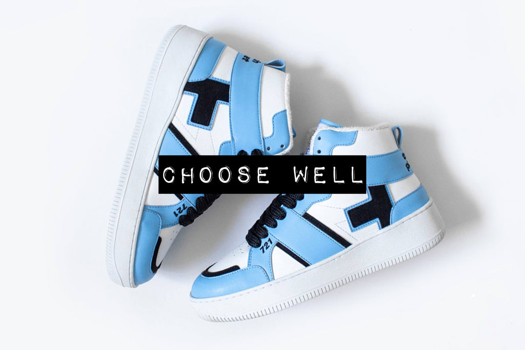 Blue High Top Vegan Sneakers in Blue With Choose Well Text Above