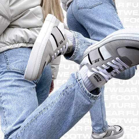 Streetwear Girl wearing Grey Vegan Sneakers made from trash