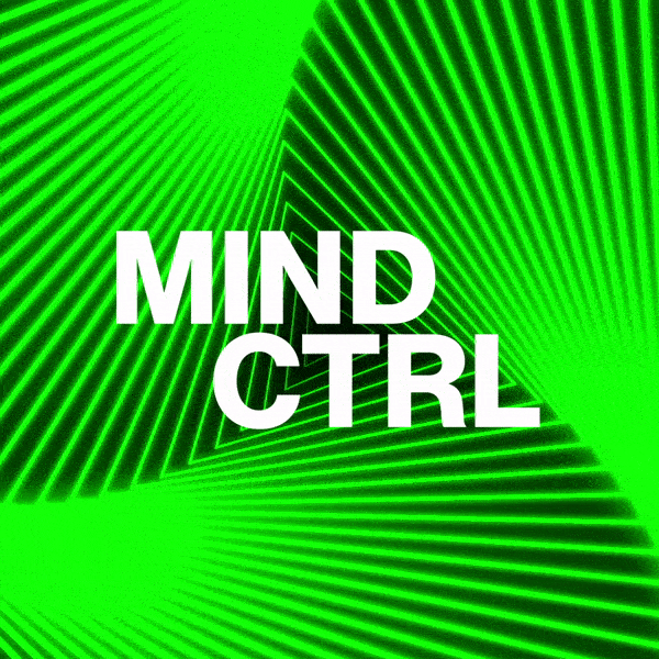 A constant loop optical illusion of neon green triangles with the text 'Mind Control' in white