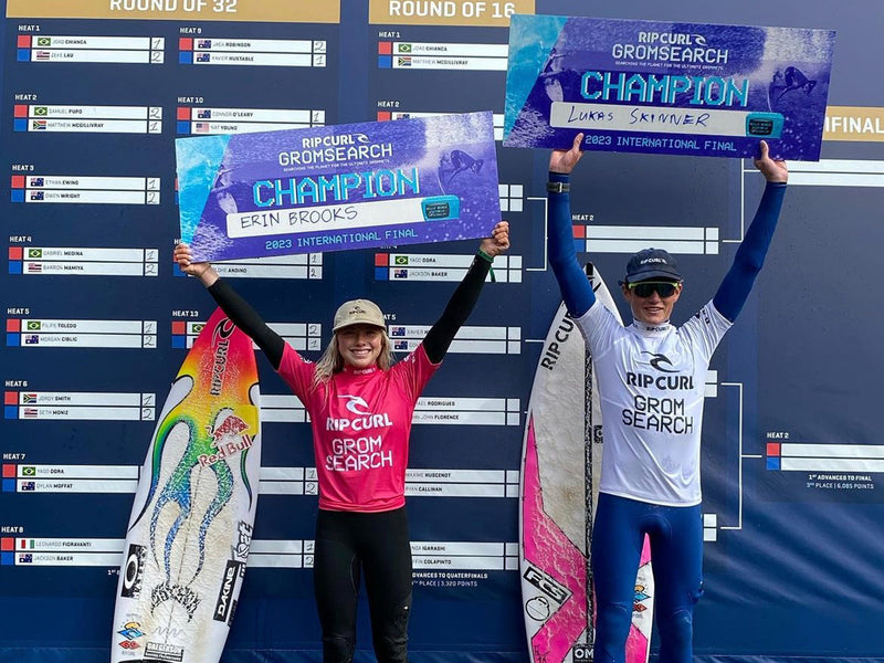 Lukas Skinner and Erin Brooks winning the 2023 Rip Curl GromSearch International final