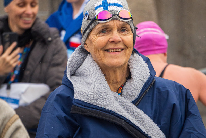 Swimmer Marja Antila from Finland in swim cap and dryrobe